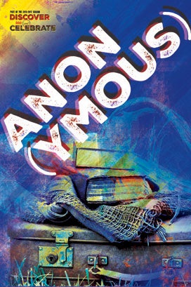 A photo of the dark blue playbill for the play "Anon(ymous)."