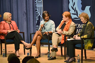 Melanne Verveer, Radha Muthiah, Tarja Halonen, and Mary Robinson discuss women’s roles in dealing with climate change as part of a panel.