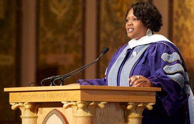 DCPS Chancellor Kaya Henderson (SFS'92, G'07) speaks to the 25 graduates of the DCPS Excutive Master's in Leadership program in Gaston Hall.