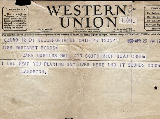 A telegram from Langston Hughes to Margaret Bonds, dated April 23, 1939.