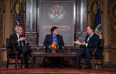 National Institute of Allergy And Infectious Diseases Director Dr. Anthony Fauci, United States Ebola Response Coordinator Ron Klain (C'83) and Georgetown President John J. DeGioia discuss the domestic and global challenges in responding to the Ebola crisis onstage in Gaston Hall.