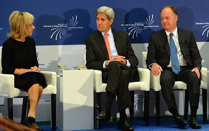 Andrea Mitchell, Secretary of State John Kerry and Georgetown President John J. DeGioia participate in panel discussion onstage.