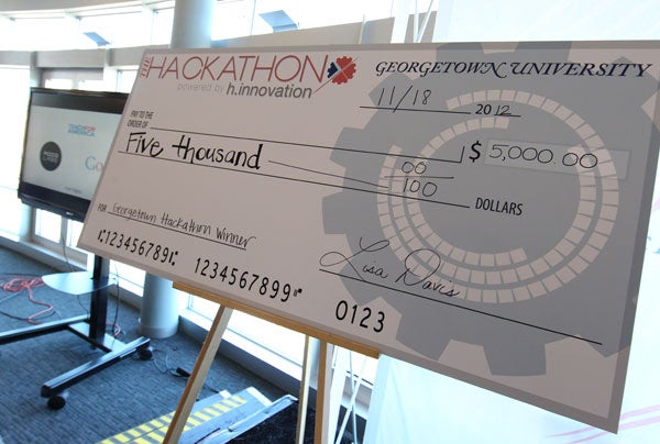 A large check for $5,000 sits on an easel 