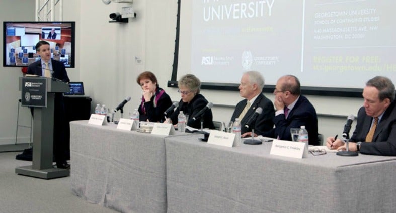 Jeffrey Selingo moderates a panel featuring Heather Fraser, Jamienne Studley, William Kirwan, Joseph Aoun and Benjamin Freakley.