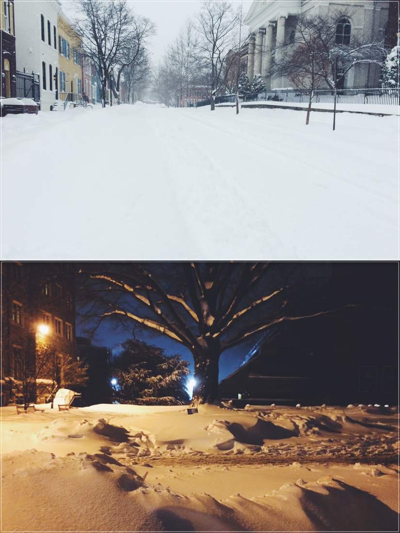 A view of a snowy street in the neighborhood